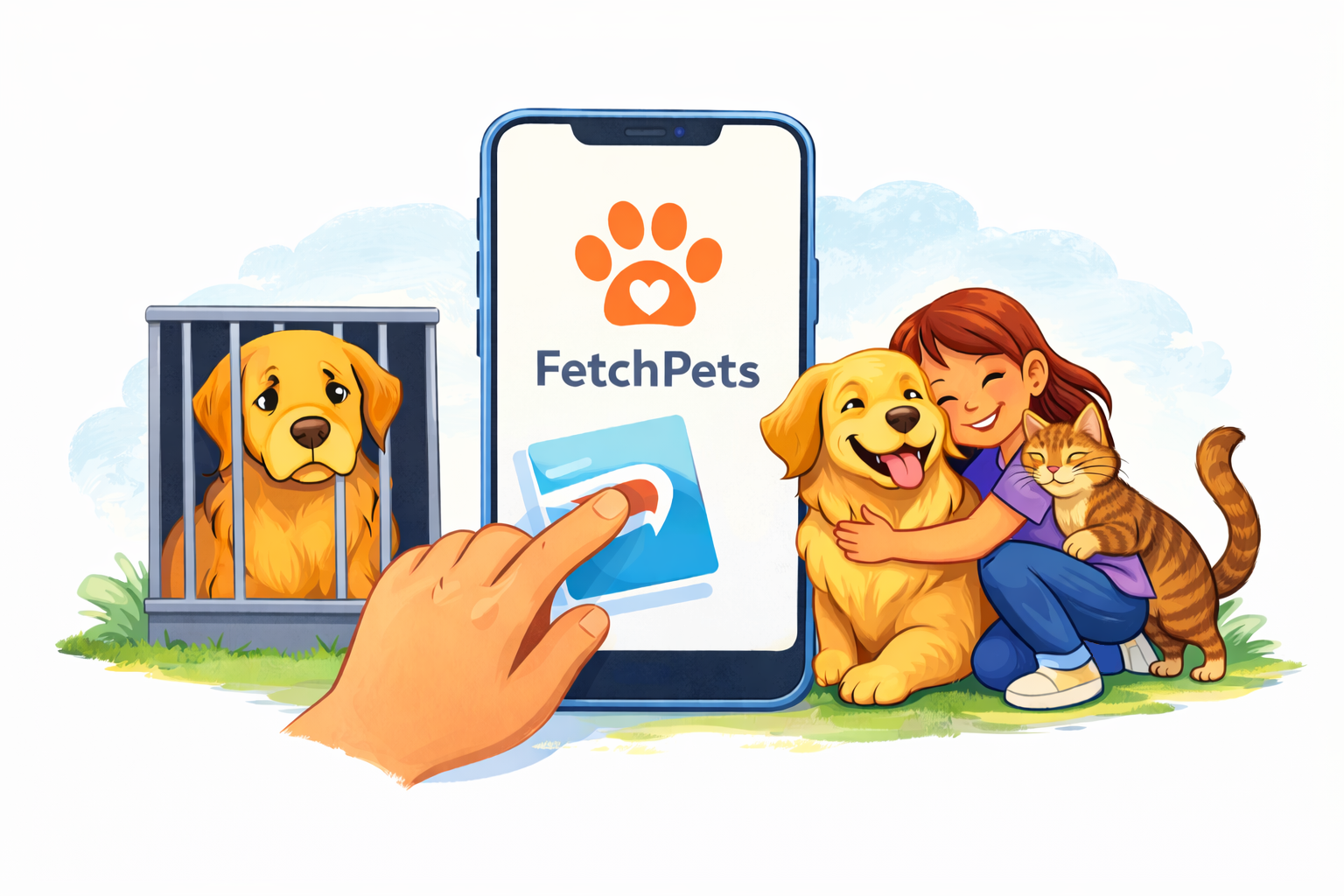 FetchPets illustration showing pets finding homes